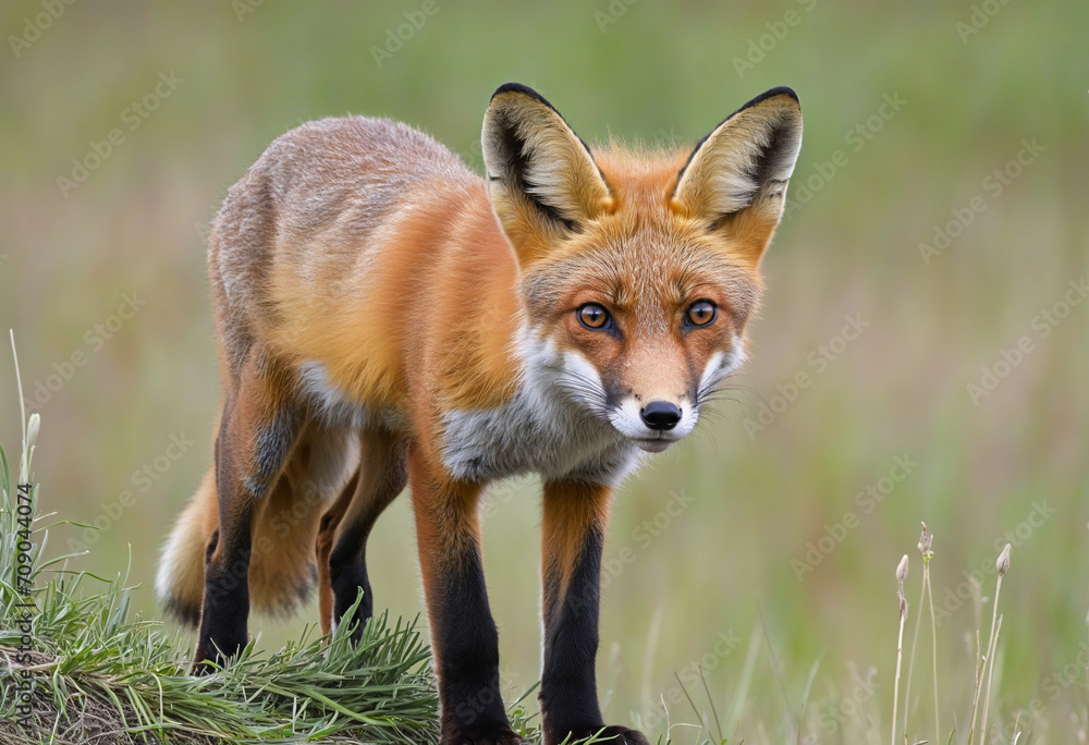 Fototapeta premium Young solitary fox exploring natural habitat