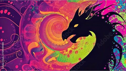 A black dragon silhouette against a colorful, psychedelic background. 