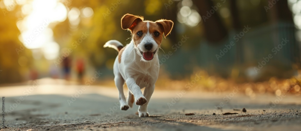 Determined puppy follows healthy routine, measures fitness, and participates in marathon eagerly. - obrazy, fototapety, plakaty 