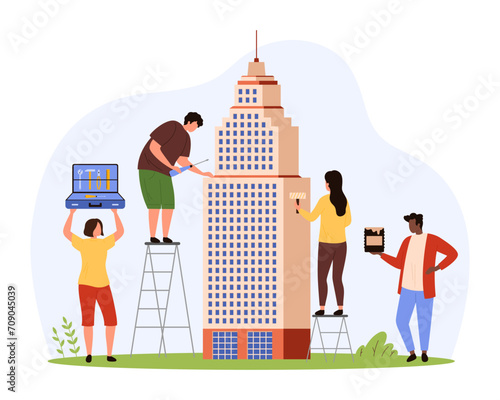 Construction and renovation of skyscraper, city architecture development. Process of build and repair tiny high rise tower house by builders, people work with equipment cartoon vector illustration