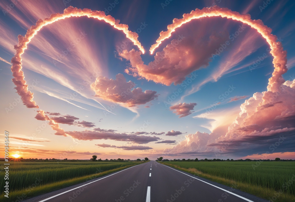 Heart-shaped sky. Path to love. - obrazy, fototapety, plakaty 