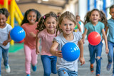 Joyful children in a vibrant AI-captured image, playing ball during a lively physical education class at an elementary school or daycare center.