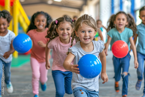 Joyful children in a vibrant AI-captured image, playing ball during a lively physical education class at an elementary school or daycare center. photo
