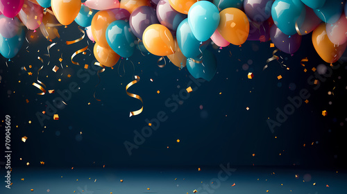 Party balloons, birthday decoration background, anniversary, wedding, holiday with space for text photo