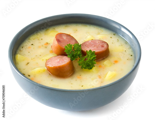 Kartoffelsuppe mit Wienerwürstchen isoliert auf weißem Hintergrund, Freisteller 