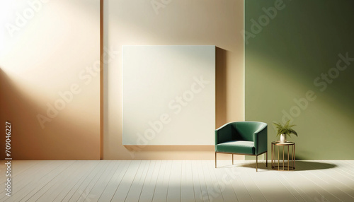 white color wall mock-up in warm tones, featuring a green armchair and minimal decoration
