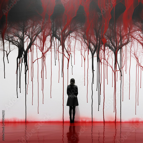 A Woman Staring at a Blood-Streaked Wall Horror or Suspense Theme Artwork