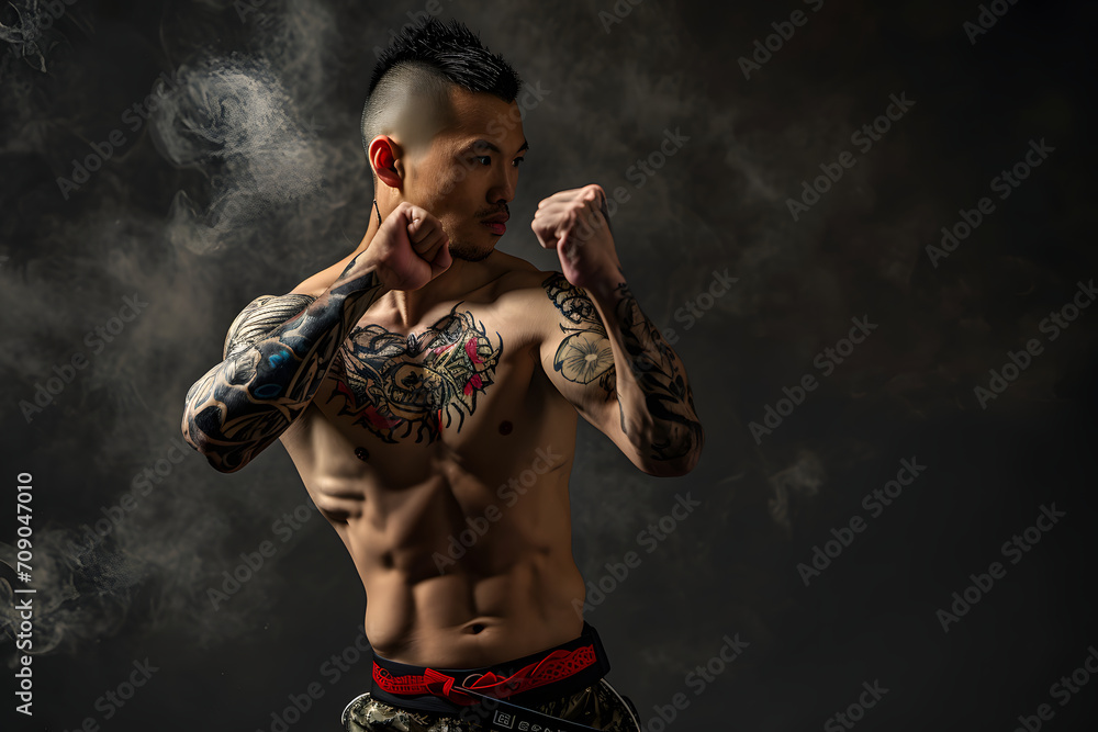 Kriegerische Eleganz: Das fesselnde Portrait eines Martial Arts Kämpfers vermittelt kraftvolle Ausdrucksstärke und künstlerische Präsenz im Kampfkunststil