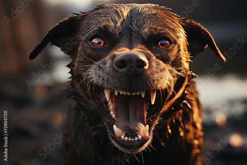 angry aggressive dirty wild dog growls at the viewer, evil look and dangerous fangs, unfriendliness.​ photo
