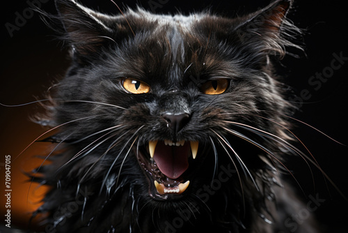 black cat aggressively hisses at the viewer, an angry look and dangerous fangs, unfriendliness photo