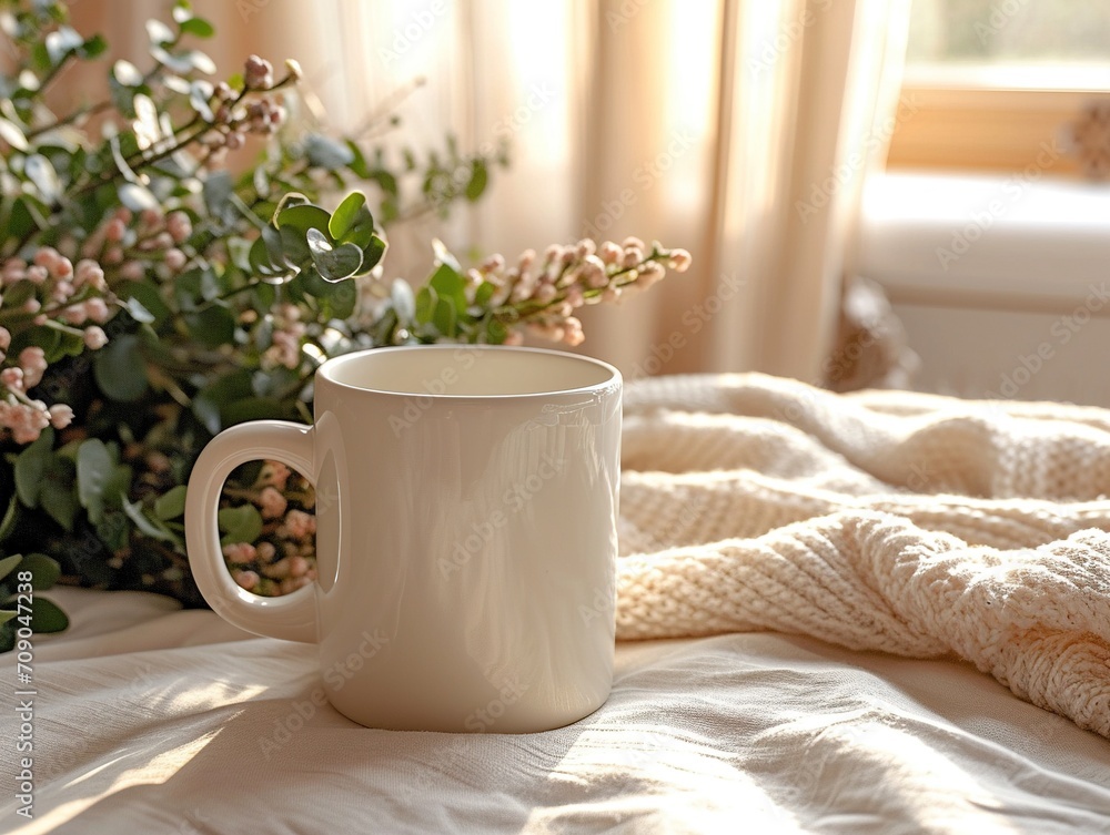 Clean White Mug on Table, on the beautiful background Clean White Mug on Table, on the beautiful background