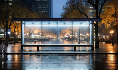 Empty transparent glass public transport stop on the street. Neon lights, bench under the roof