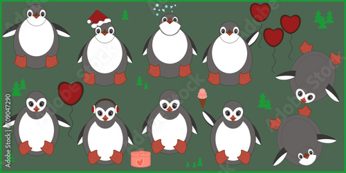 Vector set of cute boy and girl penguins in winter holidays, Christmas, New year, Valentine's Day. Funny cartoon character for clothing, postcards, notebooks, gifts, decoupage, cold food advertising