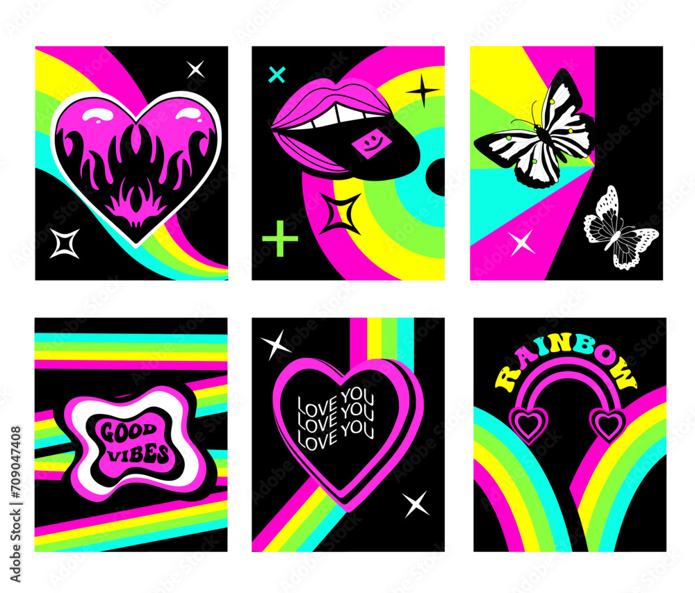 Y2K psychedelic acid rainbow poster. Modern art templates with words I love you. Valentines day retro emo posters in 2000s style.Vector illustration