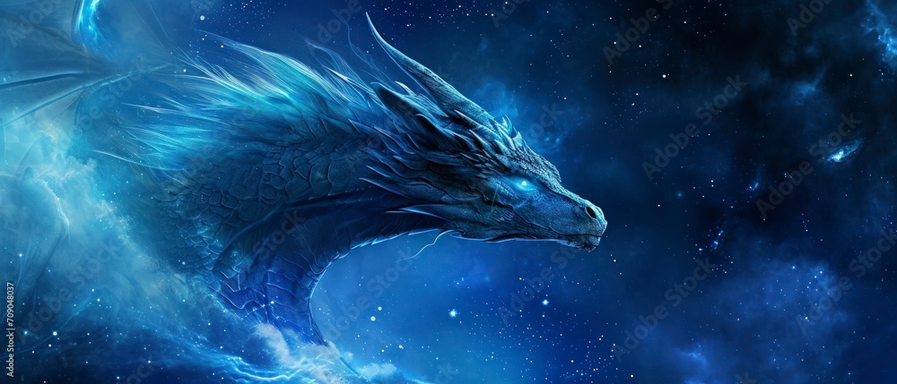 dragon with enchanting blue hues against a celestial background, energy, cosmic connections, and the mythical allure of this legendary creature