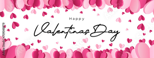 Happy Valentine's Day calligraphy banner with paper pink hearts isolated on transparent background. Vector EPS 10