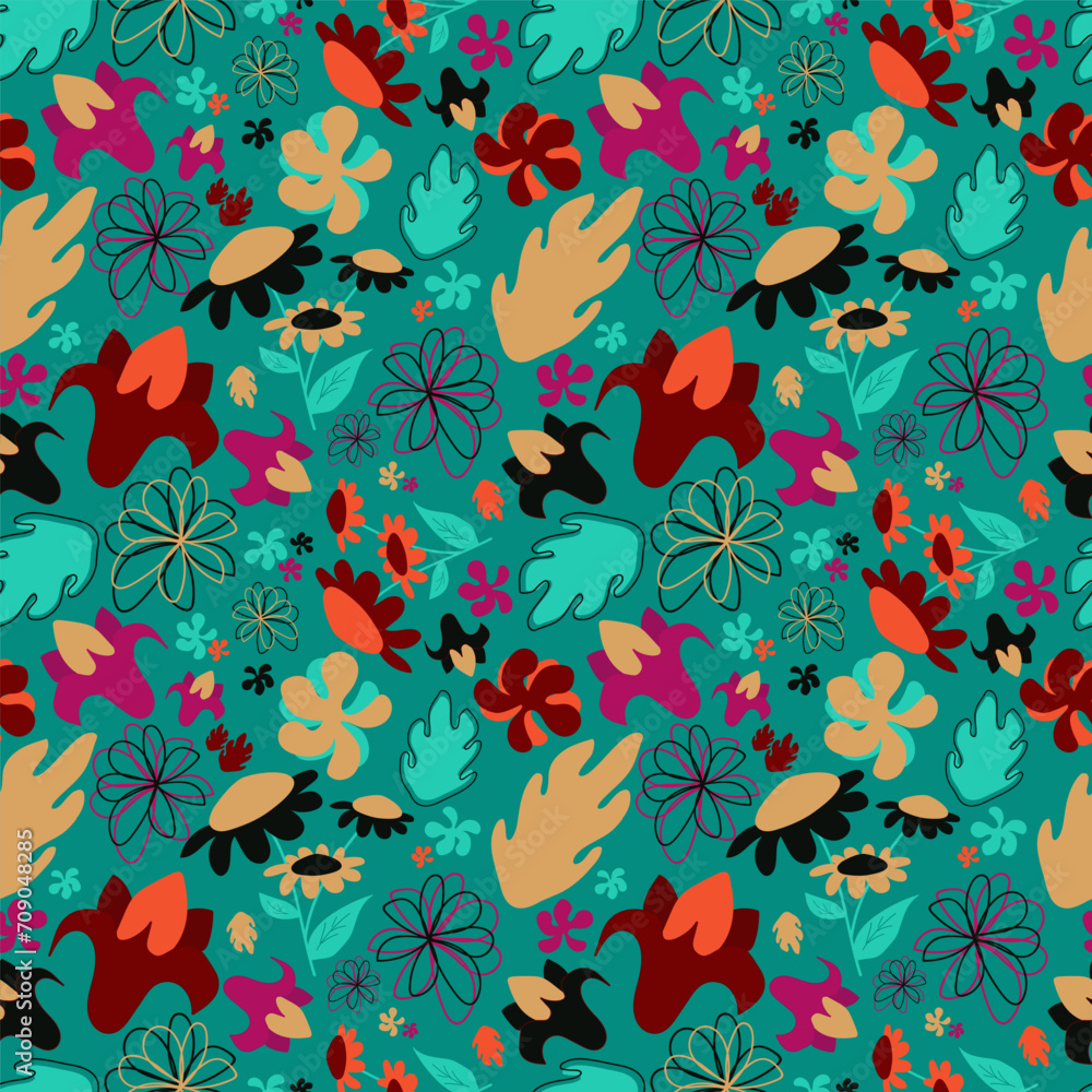 Vector seamless pattern with hand drawn abstract botanical print. Colorful floral background for printing on tablecloth, textiles, fabrics, notebooks. Spring and summer mood Vector seamless pattern with hand drawn abstract botanical print. Colorful floral background for printing on tablecloth, textiles, fabrics, notebooks. Spring and summer mood