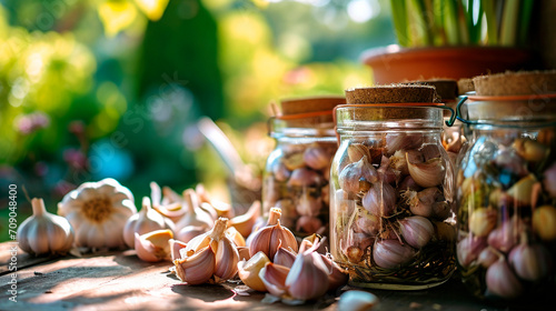 Preserved garlic in a jar. Selective focus. photo