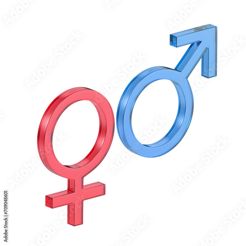 Red female and blue male gender symbols on transparent background