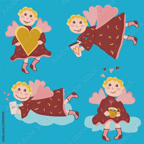 Vector set of cupid wiht heart, tea, coffee, mobile phone. Cute kids-angels in the sky. Romantic cartoon for children's clothing, packaging, postcards, decoupage, dishes, gifts, Valentine's day