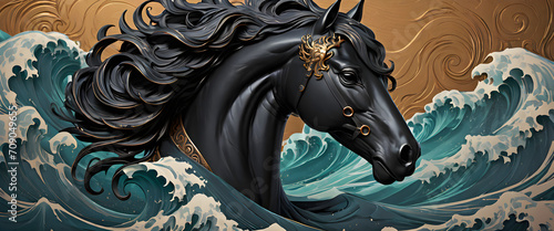 black Horse wallpaper with ocean weves cover, close-up carving black horse, abstract horse head background