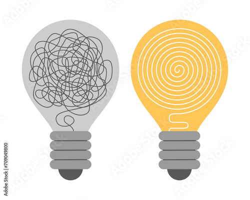 Light bulb bright versus broken. Dark electric lamp with disorganized messy wire as bad or no idea symbol vs yellow bulb with electricity and organized neat thread cartoon vector illustration
