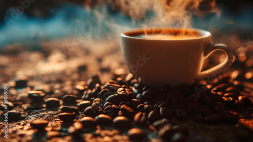 coffee beans and a cup of coffee. Selective focus.