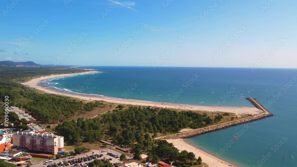 Aerial wide shot of beautiful Cabedelo beach in Viana do Castelo, Portugal. Cabedelo is famous for its waves and wind which makes it a popular destination for those looking for a perfect place to surf Aerial wide shot of beautiful Cabedelo beach in Viana do Castelo, Portugal. Cabedelo is famous for its waves and wind which makes it a popular destination for those looking for a perfect place to surf