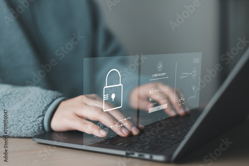 Woman enter username and password for personal information access. Data login protect and secure internet access, screen padlock technology, cybersecurity, encryption privacy, Cyber security concept. photo