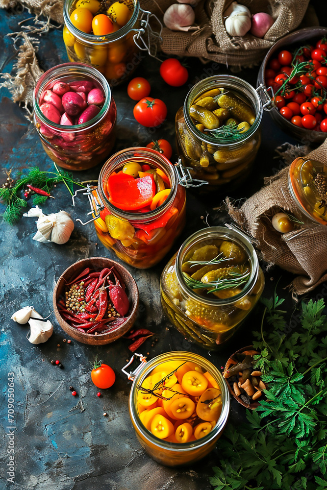 various preserves on the table. Selective focus.