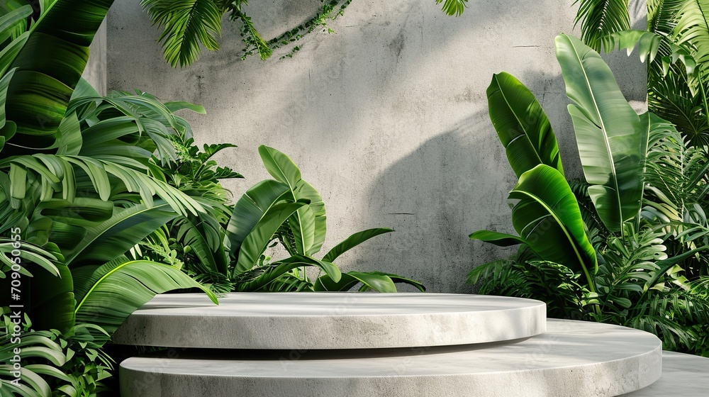 Green leaves and stone slabs product display white podium and platforms Green leaves and stone slabs product display white podium and platforms