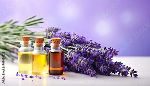 Bottles with lavender oil and bouquet of fresh lavender on light blurred background. Side view  space for text.