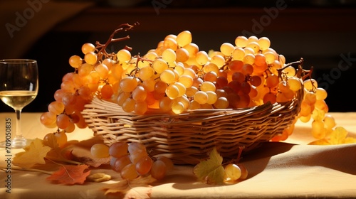 Grapes placed in a basket on table  in the style of multilayered dimensions - Generative AI
