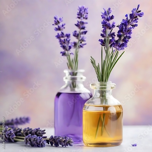 Bottles with lavender oil and bouquet of fresh lavender on light blurred background. Side view  space for text.