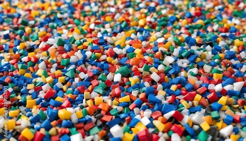 Recycled crushed plastic granules turned into new reused material. Plastic crossover. Recycled plastic with mixed colors. photo