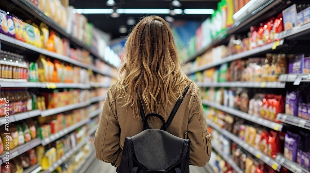 woman shopping between store shelf