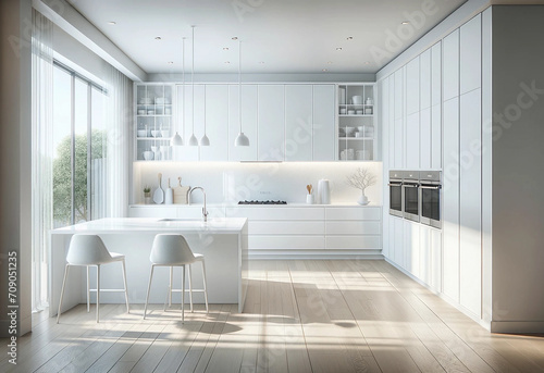 A modern kitchen design with a bright and clean white theme. The kitchen boasts high-gloss white cabinetry that reflects the natural light