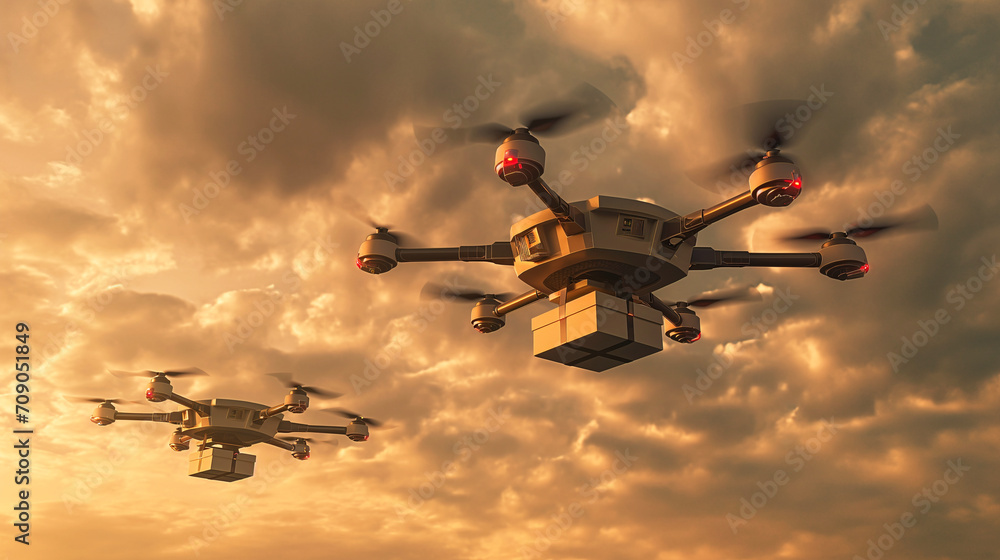 Two large drones with red navigation lights are flying in the sky at sunset, each carrying a parcel beneath it, likely delivering items Two large drones with red navigation lights are flying in the sky at sunset, each carrying a parcel beneath it, likely delivering items