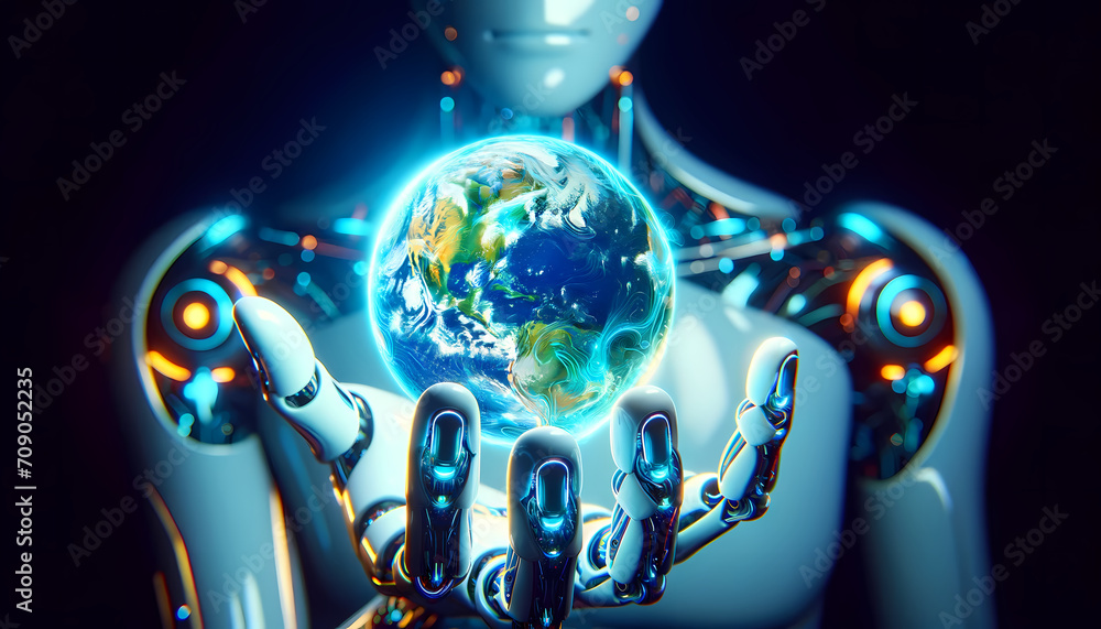 Fototapeta premium Main de robot humanoïde saisissant un Globe Terrestre idéal pour articles sur le climat, la terre, l’environnement, la technologie, l'écologie, l'espace, l'univers et l'intelligence artificielle 