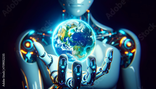 Main de robot humanoïde saisissant un Globe Terrestre idéal pour articles sur le climat, la terre, l’environnement, la technologie, l'écologie, l'espace, l'univers et l'intelligence artificielle 