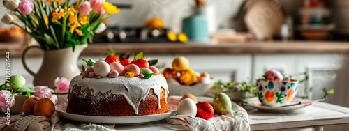 Easter cake and eggs on the table. Selective focus. photo