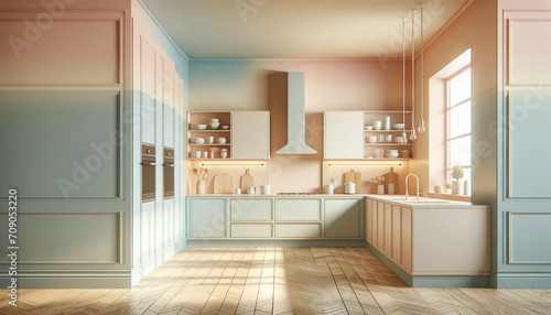 interior of a contemporary house kitchen in pastel colors. The scene should depict a modern and stylish kitchen design