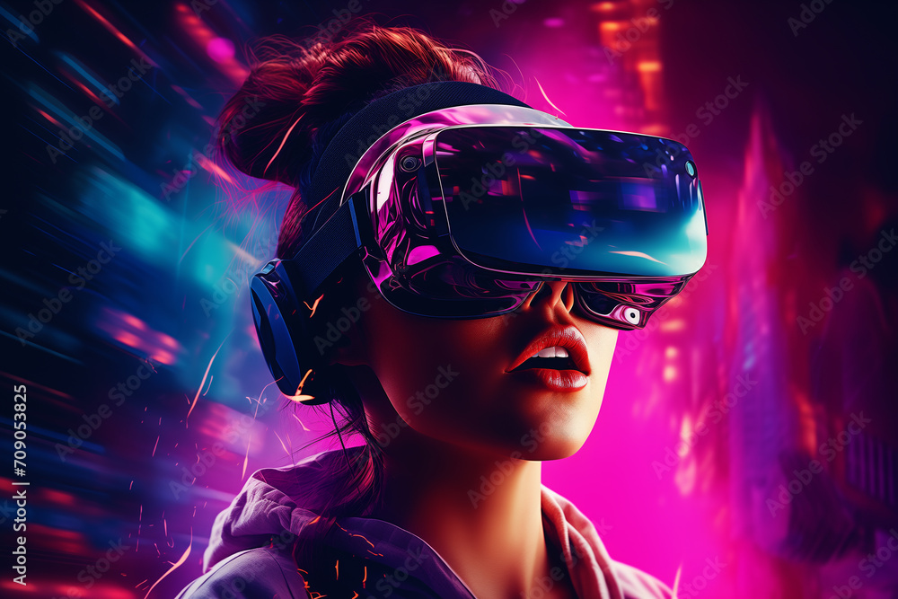 Ai Generative People wearing futuristic high tech virtual reality glasses - obrazy, fototapety, plakaty 