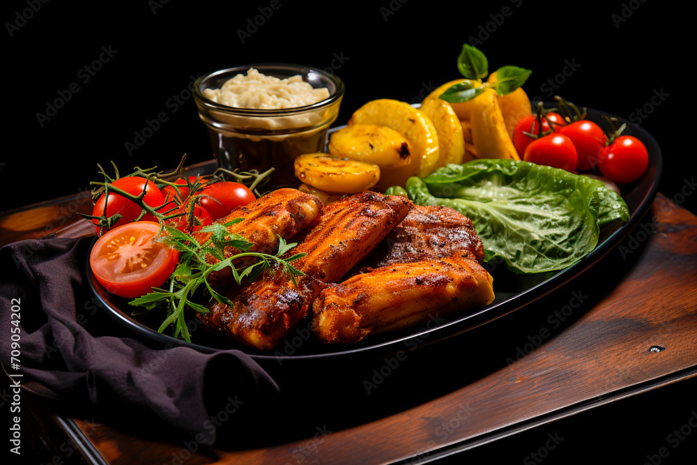 When Food Looks Like a Work of Art Sink into this delectable plate of perfectly cooked grilled chicken and an array of colorful vegetables, served on a sleek black canvas. Gourmet Heaven