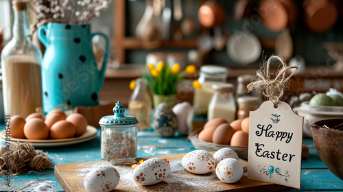 Happy Easter card and eggs. Selective focus.