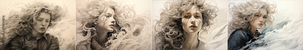 The drawing is a black and white portrait of a woman with blond hair. The design style is inspired by naturalistic ocean waves. The portrait captured candid moments and expressions of emotion.