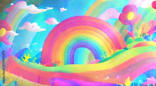 rainbows and flowers in style of tripping psychedelic, vibrant pastel colors, glow