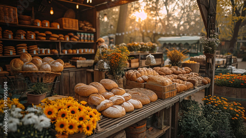 An inviting scene of a rustic outdoor bakery, with an assortment of freshly baked bread cooling on wooden racks, surrounded by blooming flowers and the golden glow of a setting sun © Наталья Евтехова