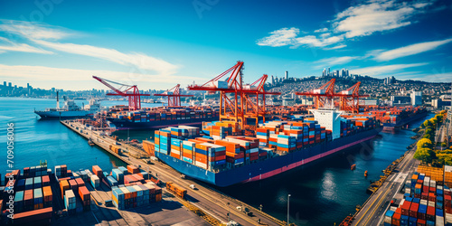 Operates as a vital hub for global trade and commerce. Continuous loading and unloading of cargo ships. Efficient logistics operations ensuring smooth trade flow. Loaded cranes lift containers