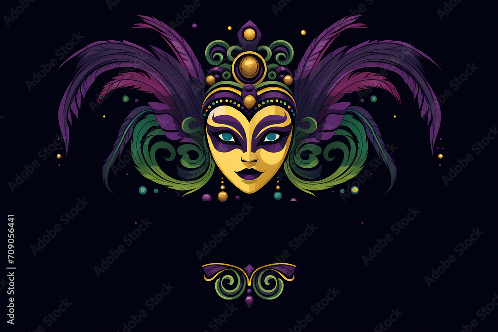 Carnival Mardi Gras label with masquerade mask, feathers, copy space. Vintage style
